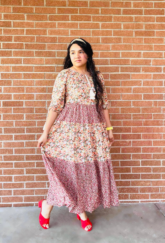 【CARAMEL】GINGER DRESS vintage floral 6y Sweetheart Neckline Maxi Dress Slit Puffed Bell Seeves Brown