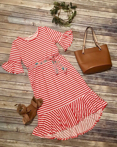 Tracy Stripe Hi Lo Dress w/ Belt- Coral