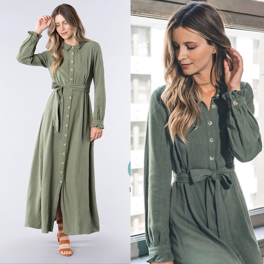 Mary Kate Button Maxi Dress- Olive CLEARANCE