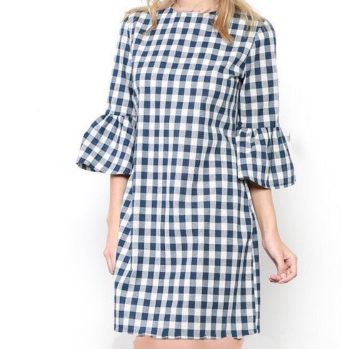 Macie Checkered Ruffle Top- Navy CLEARANCE