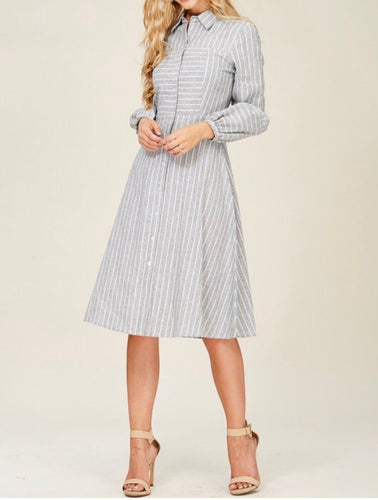 Maddison Button Dress - Grey/Ivory Stripe