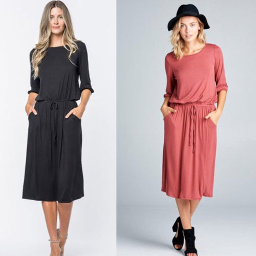 Carrie Drawstring Dress- Rust/Black