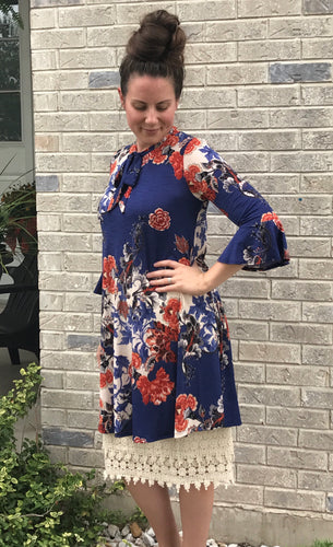 Heather Tie Blouse w/ Ruffle Sleeve and Pockets- Royal Blue