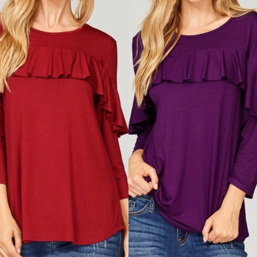 Betsy Ruffle Front Top- Plum & Burgundy